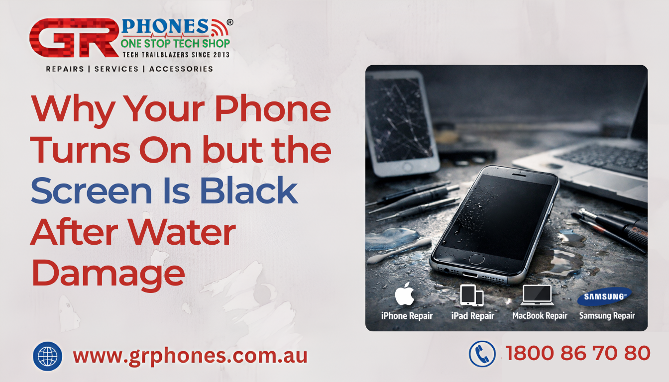 Phone screen black after water damage showing powered device with no display