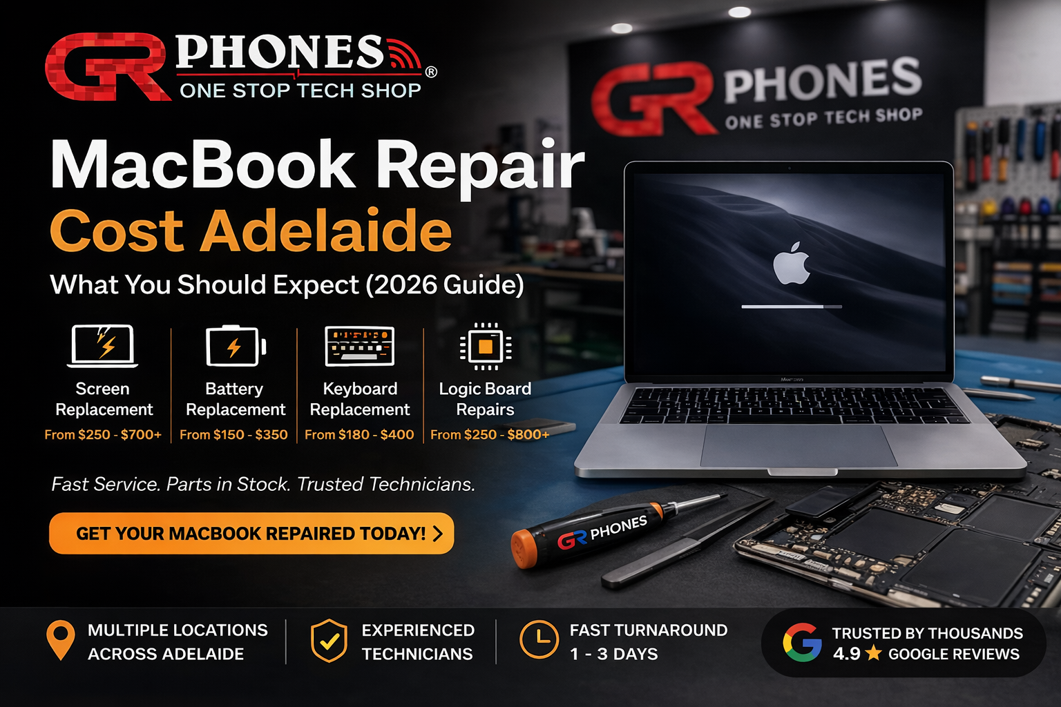 MacBook repair cost Adelaide – screen battery replacement GR Phones Allenby Gardens