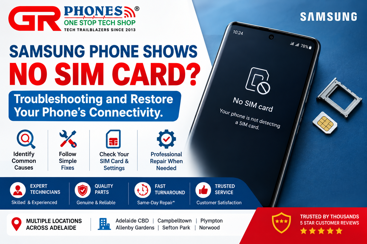 Samsung phone showing no SIM card error and SIM card troubleshooting guide