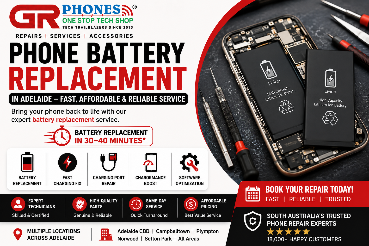 Phone battery replacement Adelaide service with technician repairing smartphone battery
