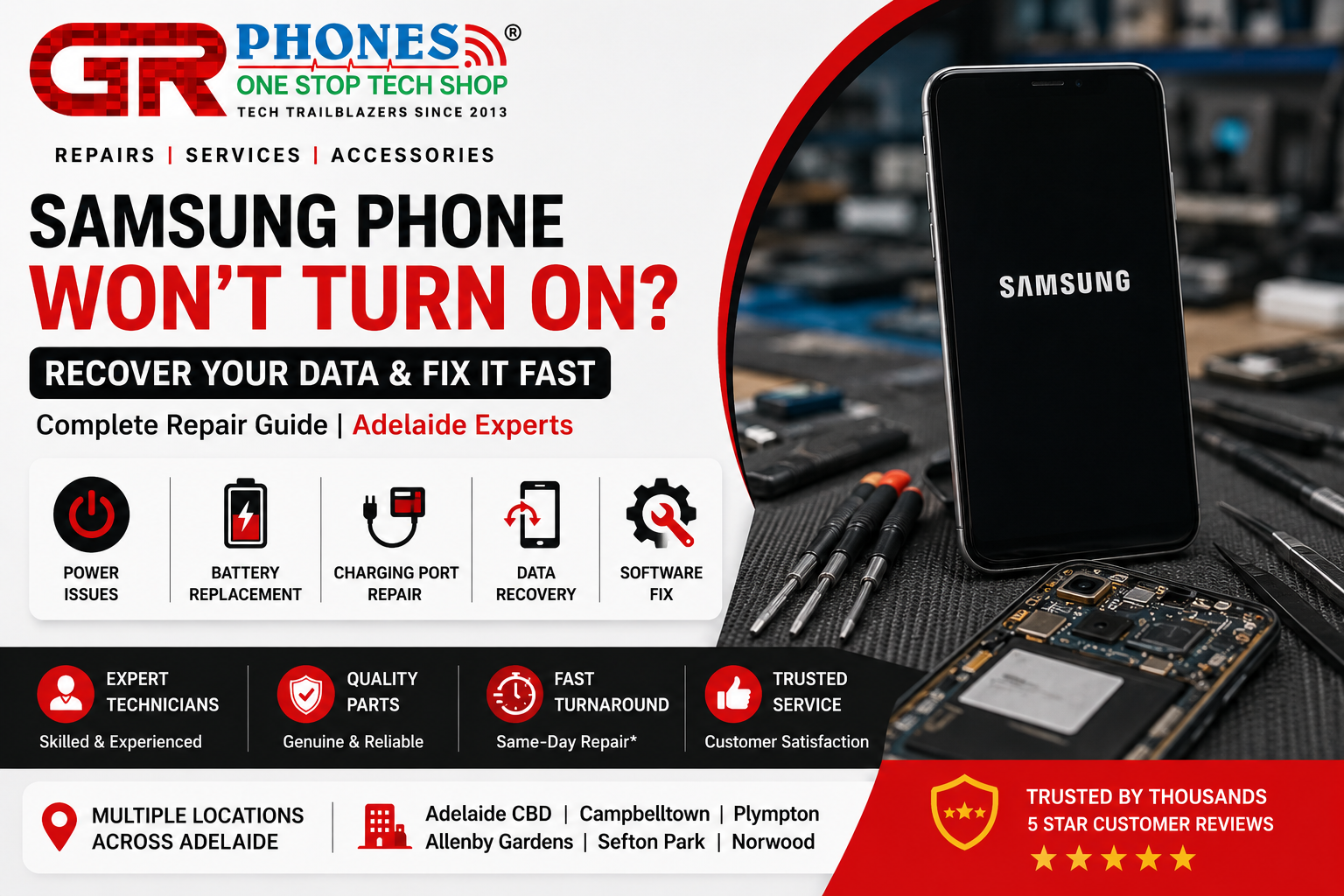 Samsung phone won’t turn on repair service in Adelaide with data recovery, battery replacement, and charging port fix